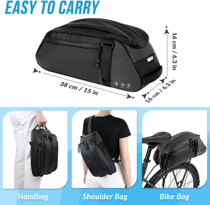 WOTOW Reflective Rear Rack Bag, Water Resistant Bike Saddle Panniers for Bicycles, 8L Trunk Cycling Back Seat Cargo Carrier Storage Pouch With Shoulder Strap for Travel Commute - Image 5