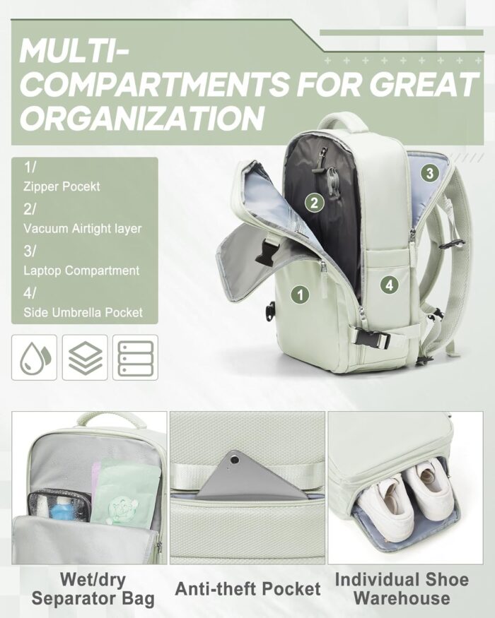 suwasp Vacuum Compression Backpack, 45L Expandable Travel Backpack with Electric Vacpack Pump, Travel Vacuum Bags with Shoe Compartment/17inch Laptop Compartment/USB Port, Mintgreen - Image 7