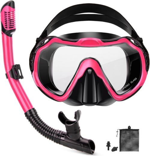 Snorkeling Gear for Adults, Adult Snorkel Set with Panoramic Anti-Leak and Anti-Fog Tempered Glass Snorkel Mask, Dry Top Snorkel, Snorkle Mask Set Adult with Mesh Bag Ear Plug for Snorkeling