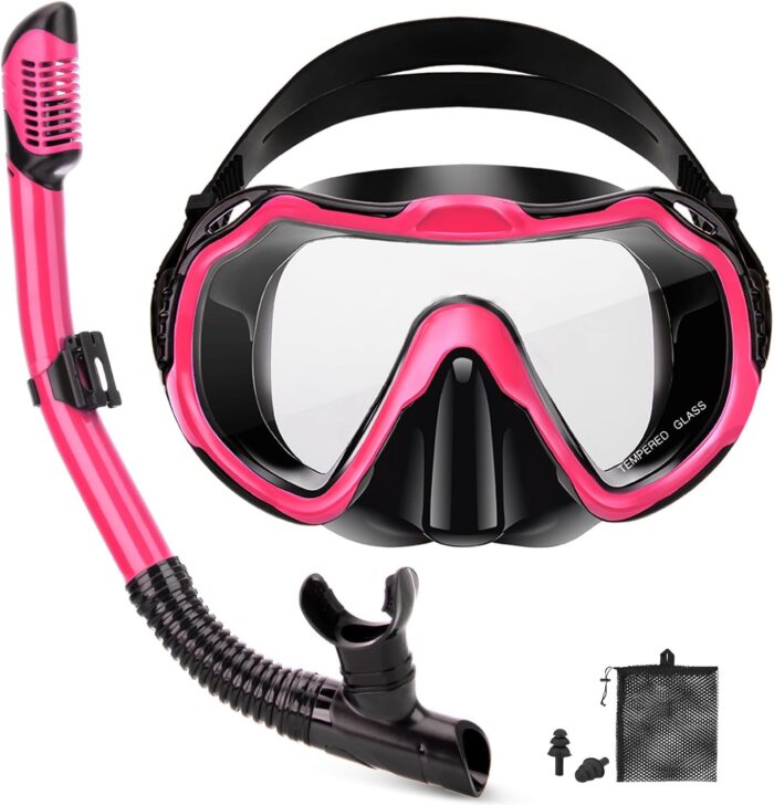 Snorkeling Gear for Adults, Adult Snorkel Set with Panoramic Anti-Leak and Anti-Fog Tempered Glass Snorkel Mask, Dry Top Snorkel, Snorkle Mask Set Adult with Mesh Bag Ear Plug for Snorkeling