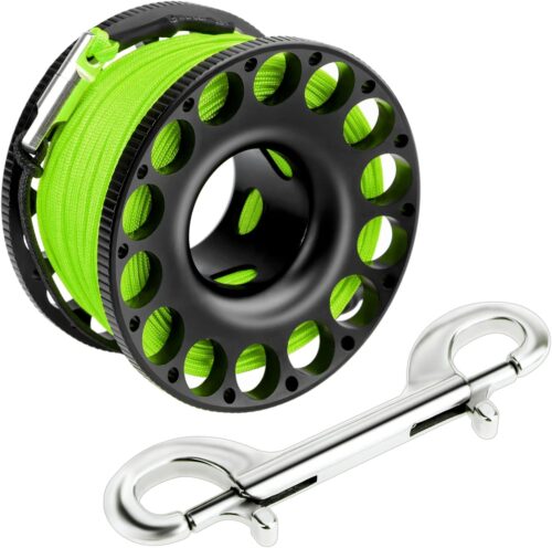 Scuba Diving Reel, Aluminum Alloy Wreck Cave Finger Spool with 30m/100ft High Visibility Line and Double-Ended Bolt Snap Clip Fits for Outdoor Diving Activities Fluorescent Green