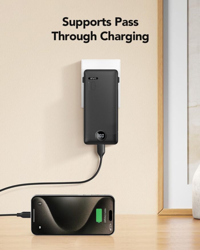 VRURC Portable Charger Built-in Cables and AC Wall Plug, USB C Power Bank 10000mAh, Travel Essentials Phone Charger Compact Lightweight External Battery Pack for Smart Phones, Tablets-Pure Black - Image 3