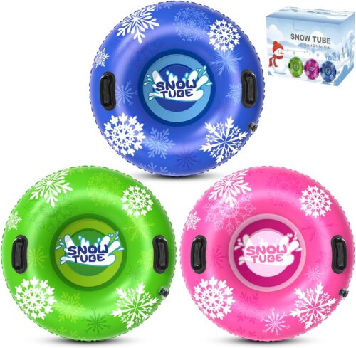 Snow Tube, 3Packs for The Whole Family Inflatable Snow Sled for Kids and Adult, Thickened Heavy Duty Hard Bottom Sleds for Snow with Handles, Winter Toys for Outdoor Sledding Snow Tube Sports