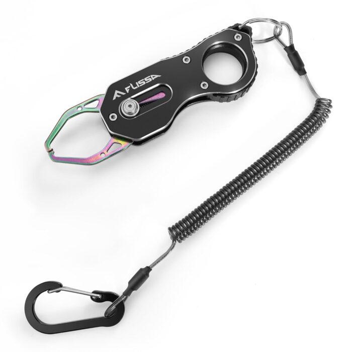 FLISSA 5" Mini Fish Gripper, 22 Pound Fish Lip Grip Tool with Carabiner and Spring Anti-Lost Rope, Durable Stainless Steel Fish Grabber Gripper, Corrosion Resistant & Portable