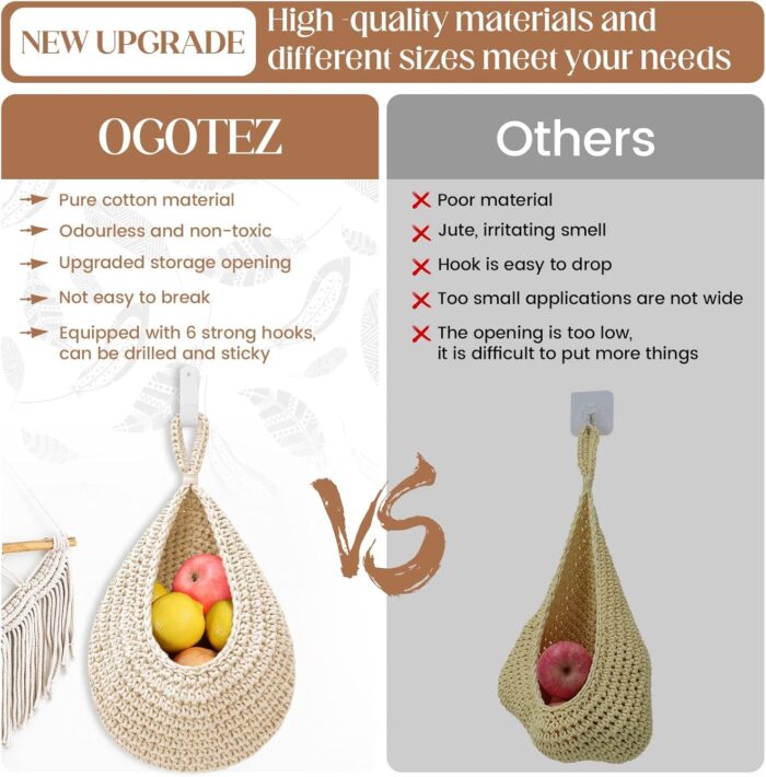 Hanging Fruit Baskets for Kitchen - 3 Pack Boho Wall Hanging Basket with 6 Pcs Strong Hooks, Handwoven Onion Storage Teardrop Home Onion Basket for Fruits Vegetable Potato Kitchen Storage (White) - Image 2