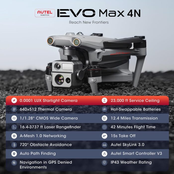Autel Robotics EVO MAX 4N Drone, Starlight Night-Vision/ Wide/ Thermal/ L~aser 4 Cameras in One UAV, Upgrade of MAX 4T XE, 5KM Night Vision Observation, A-Mesh 1.0, 720° Obstacle Avoidance, Triple Anti-Jamming, Hot-Swappable, 42 Mins, IP43, Autel SDK - Image 2