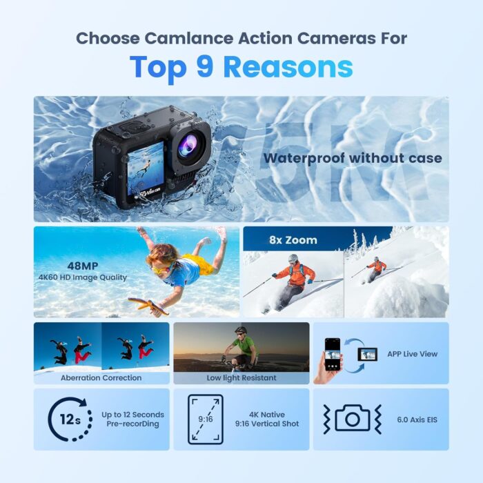 4K60FPS Waterproof Action Camera,48MP 15M Bare Underwater Camera with 64GB Card,8X Zoom Touch Screen SportsCamera,6-axis EIS Motorcycle Camera with Remote Control Distortion Correction - Image 6