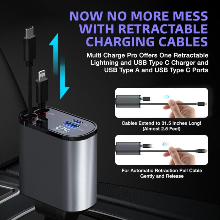 Multi Charge Pro iPhone Car Charger Fast Charging Retractable Car Charger USB C Auto Adapter, Powerful 120W 4-Port USB-C & USB-A and Lightning iPhone, Samsung, Tablets... - Image 3