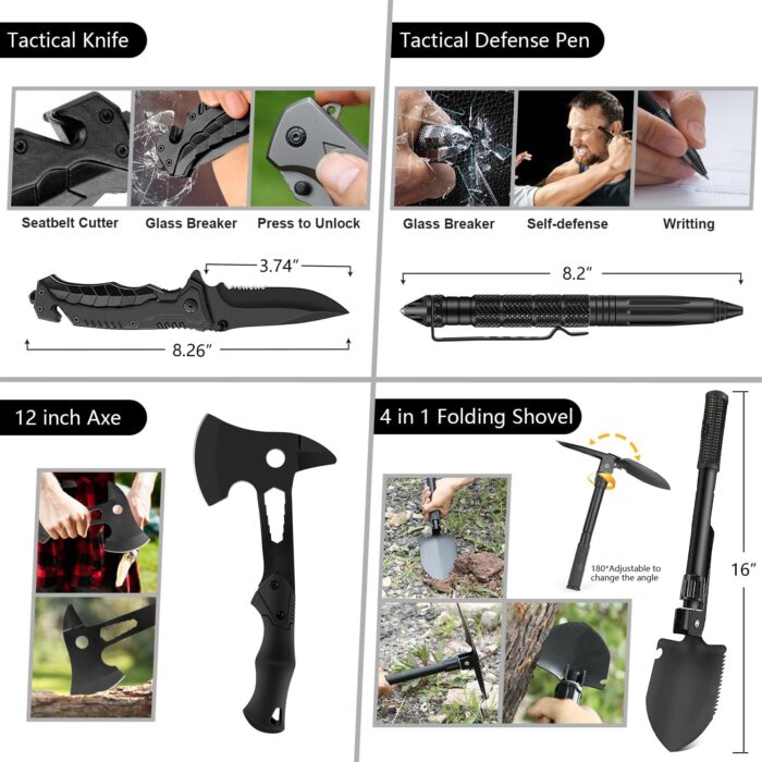 Emergency Survival Kit, 151 Pcs Survival Gear First Aid Kit, Outdoor Trauma Bag with Tactical Flashlight Knife Pliers Pen Blanket Bracelets Compass for Camping Earthquake or Adventures - Image 2