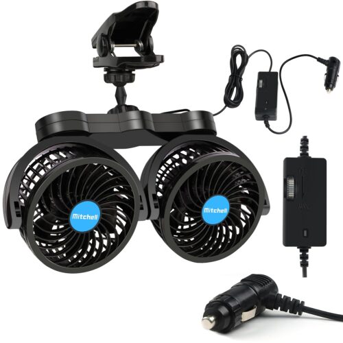 12V Car Fan, Adjustable 4 Inches Dual Head Car Clip Fan for Front/Rear Seat Passenger, 360° Rotatable Cars Fans with Stepless Speed Regulation for Car/Vehicle SUV, RV