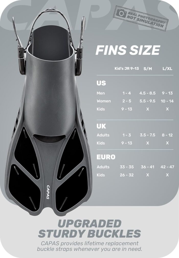 CAPAS Snorkel Fins, Swim Fins Travel Size Short Adjustable for Snorkeling Diving Adult Men Women Kids Open Heel Swimming Flippers - Image 2