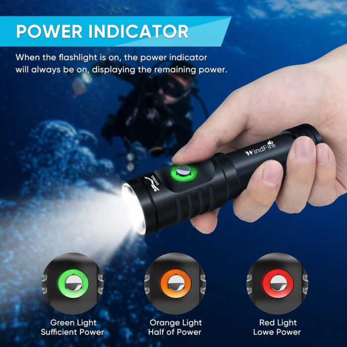 WINDFIRE Dive Light Scuba Diving Flashlight Dive Torch Rechargeable, 3 Modes Underwater Light Waterproof Flashlight, Safety Dive Lights with Power Indicator for Night Diving - Image 4