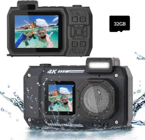 33FT Underwater Camera 4K 30FPS Waterproof Digital Camera with Dual Screens Selfie Built-in 2500 mAh Battery for Snorkeling,Novice Photographer,Black