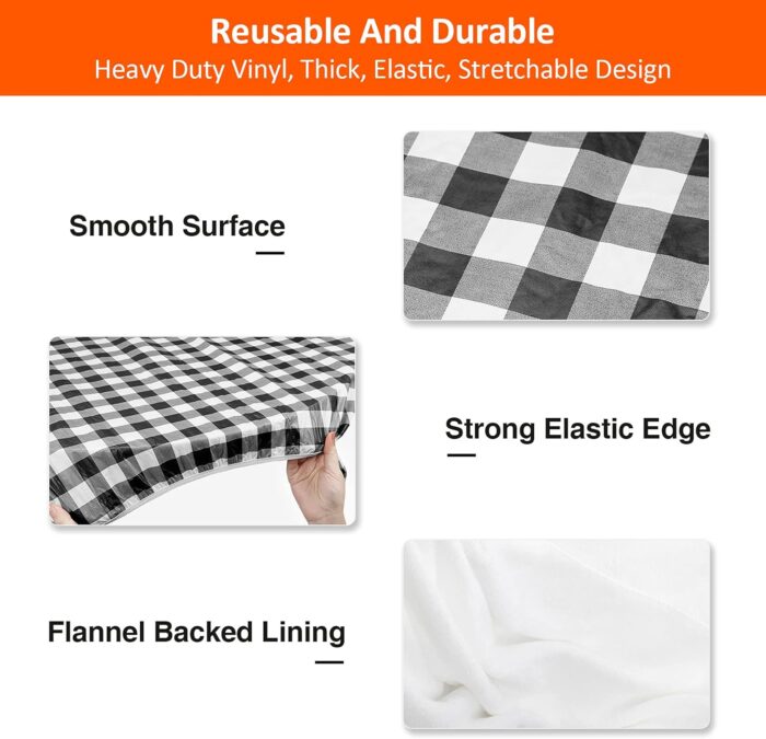 KENOBEE 6ft Picnic Table and Bench Cover, Camping Essentials RV Gear, 72in Waterproof Windproof Outdoor Elastic All Around Tablecloth, Fitted Rectangle Tables and Seats, Black-White Checkered - Image 4