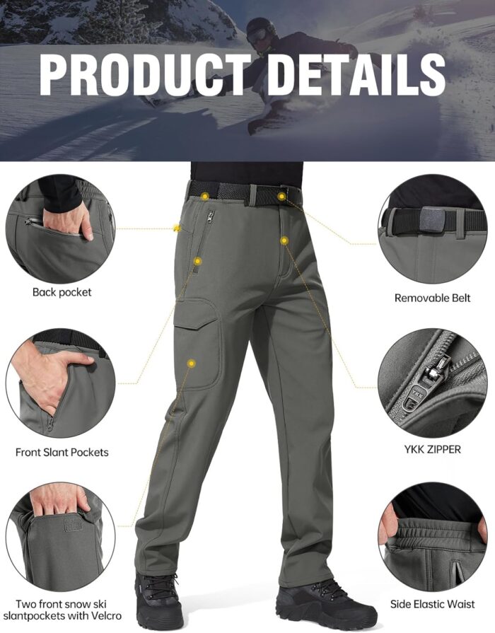 FREE SOLDIER Men's Outdoor Softshell Fleece Lined Cargo Pants Snow Ski Hiking Pants with Belt - Image 3