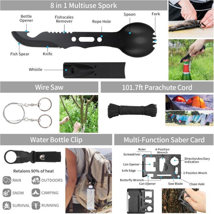 Emergency Survival Kit, Camping First Aid Survival Kit with Molle Pouch for Earthquake Preparedness Outdoor Adventure, Black - Image 5