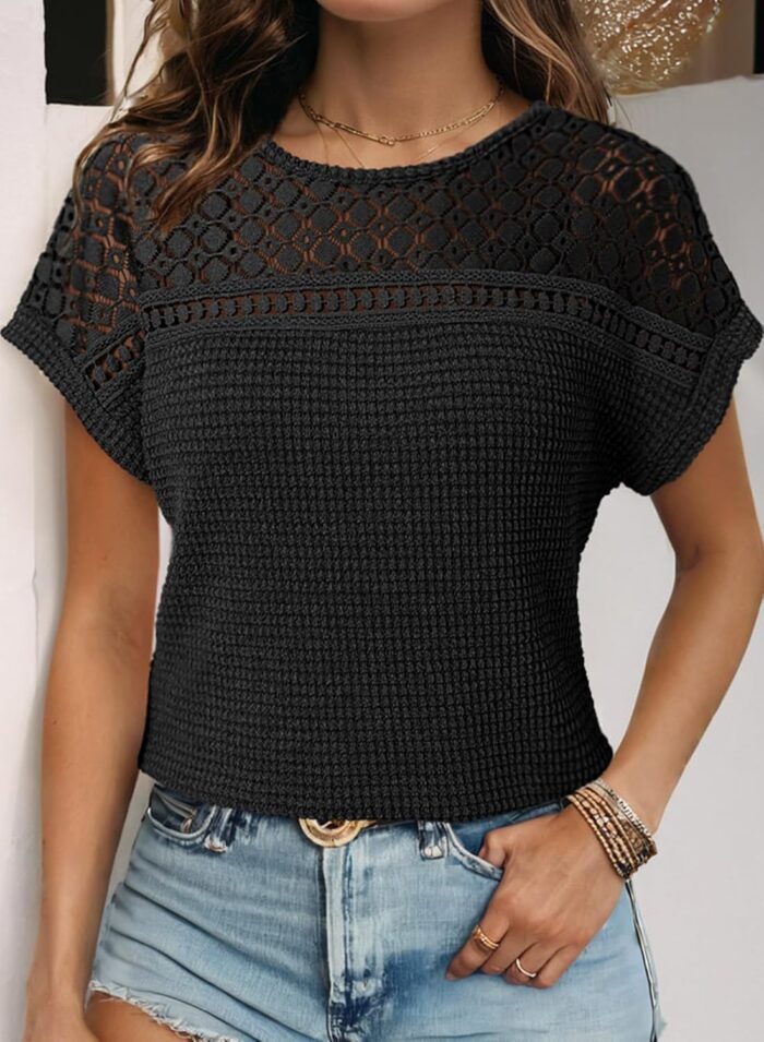 Dokotoo Women's Tops Casual Scoop Neck Short Sleeve Waffle Knit Hollow Out Shirts Loose Tunic Tops Blouses - Image 3