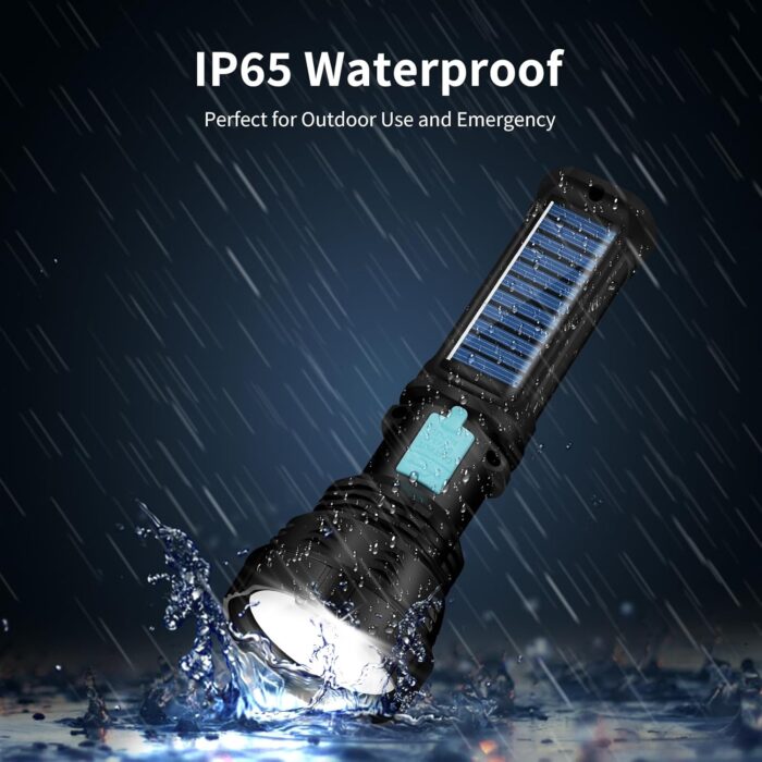 Led Solar Flashlight, 1500 Lumens Led Solar Handheld Rechargeable Flashlights with IP65 Waterproof, 2000mAh Battery for Survival Emergencies Camping (1 Pack) - Image 7