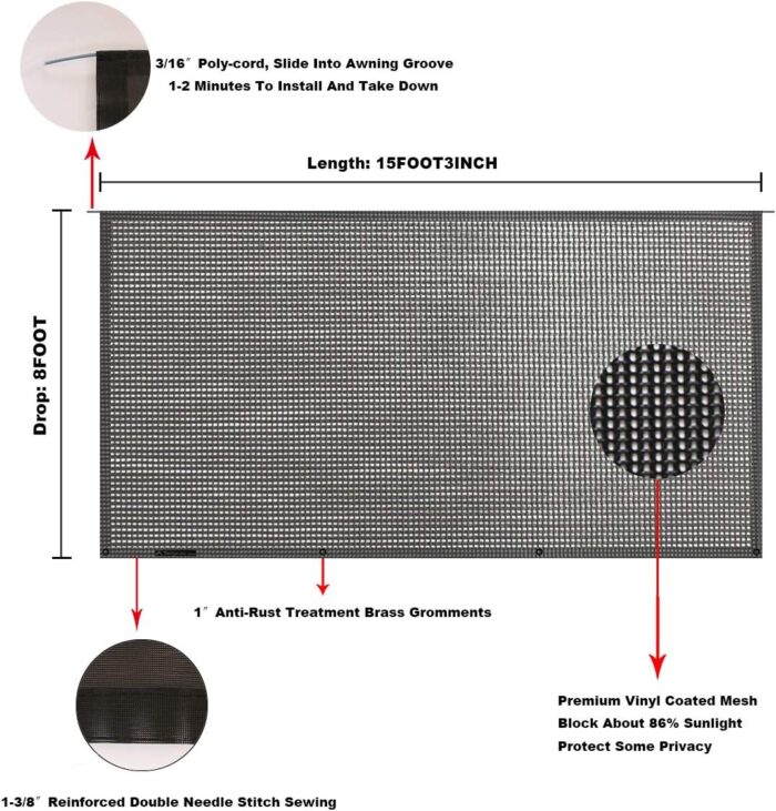 Tentproinc RV Awning Sun Shade Screen Sunshade 8' X 15' 3'' (Fit for 16' Awning)- Mesh Sunscreen Motorhome Camper Trailer Awning Shade Screen UV Blocker Completed Kits - 3 Year Warranty (Black) - Image 6
