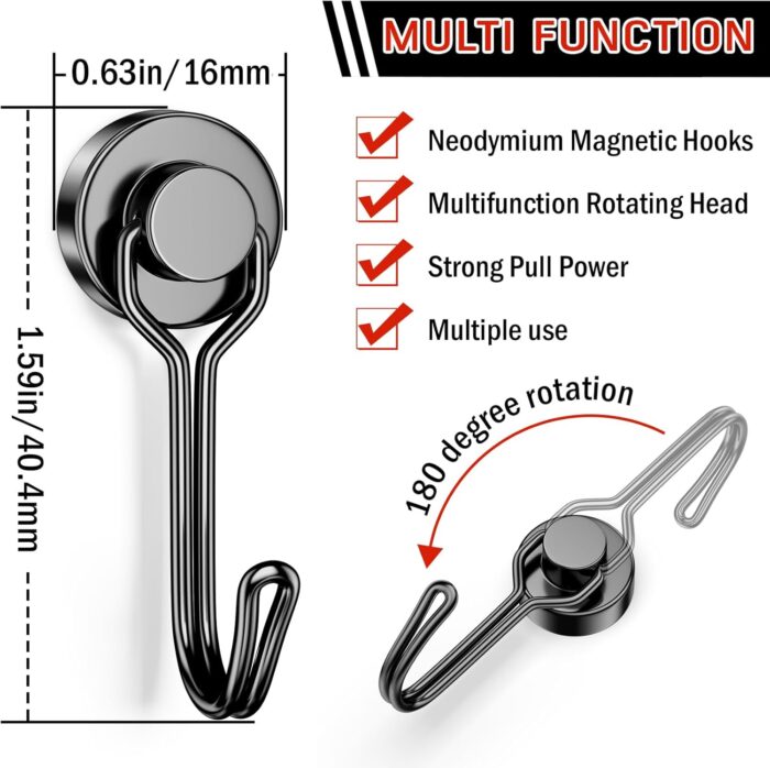FINDMAG Magnetic Hooks 30 LBS Magnetic Hooks Cruise Black Heavy Duty Strong Neodymium Swivel Magnet Hook for Hanging, Magnets with Hook for Refrigerator, Grill, Locker - 6 Pack - Image 2