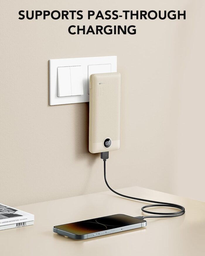 Portable Charger Built-in Cables and AC Wall Plug, USB C Power Bank 10000mAh, Travel Battery Portable Phone Charger Compact Lightweight External Battery Pack for Smart Phones, Tablets etc-Light Coffee - Image 2