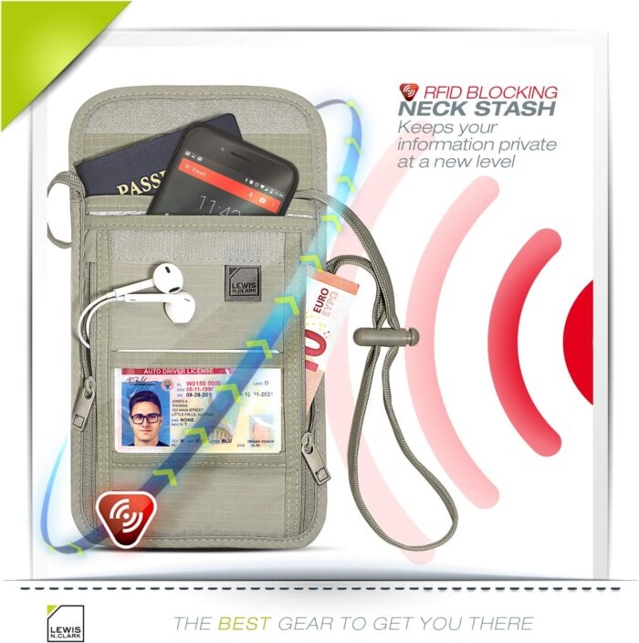 Lewis N. Clark RFID Blocking Stash Neck Wallet, Travel Pouch + Passport Holder for Women & Men, Taupe, One Size - Image 3