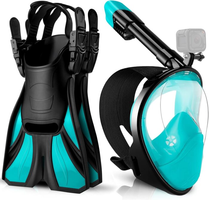 Odoland Snorkeling Packages, Full Face Snorkel Mask for Adults & Youth with Camera Mount, Adjustable Swim Fins, Anti-Fog Anti-Leak Diving Gear for Men Women Teens