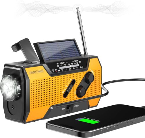 FosPower Emergency Weather Radio (Model A1) NOAA/AM/FM with 7400mWh Portable Power Bank, USB/Solar/Hand Crank Charging, Battery Operated, SOS Alarm & Flashlight for Indoor/Outdoor Emergencies