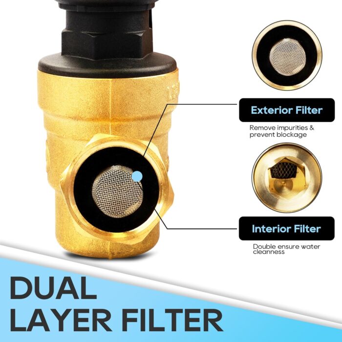 RVGUARD RV Water Pressure Regulator Valve With An Adjustable Knob, NO Tool Required, Brass Lead-Free Water Pressure Reducer with Gauge and Inlet Screen Filter for RV Camper Travel Trailer - Image 3