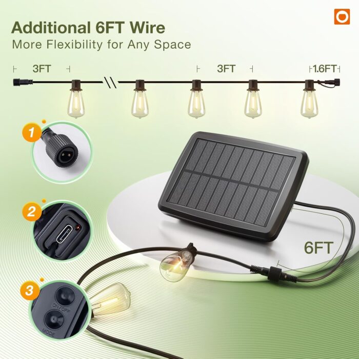 addlon 54(48+6) FT Solar String Lights Waterproof,Patio Lights Solar Powered with Remote & USB Port 15+1 LED Shatterproof Bulbs 3 Light Modes, Dimmable Solar Light for Camping Backyard Garden - Image 7