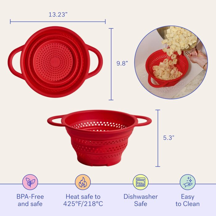 GIR Collapsible Colander for Kitchen – Space-Saving Strainer & Steamer – BPA-Free, Heat-Resistant, Dishwasher Safe Kitchen Strainer with Stainless Steel Rim – Durable Collapsible Colander - Red - Image 3