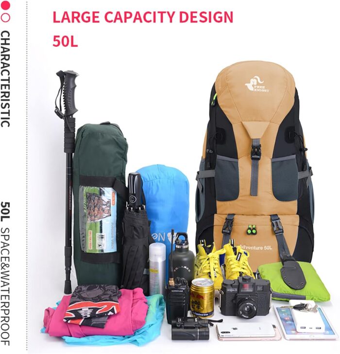 Bseash 50L Hiking Backpack, Water Resistant Lightweight Outdoor Sport Daypack Travel Bag for Camping Climbing Skiing Cycling (Gold - With Shoe Compartment) - Image 9