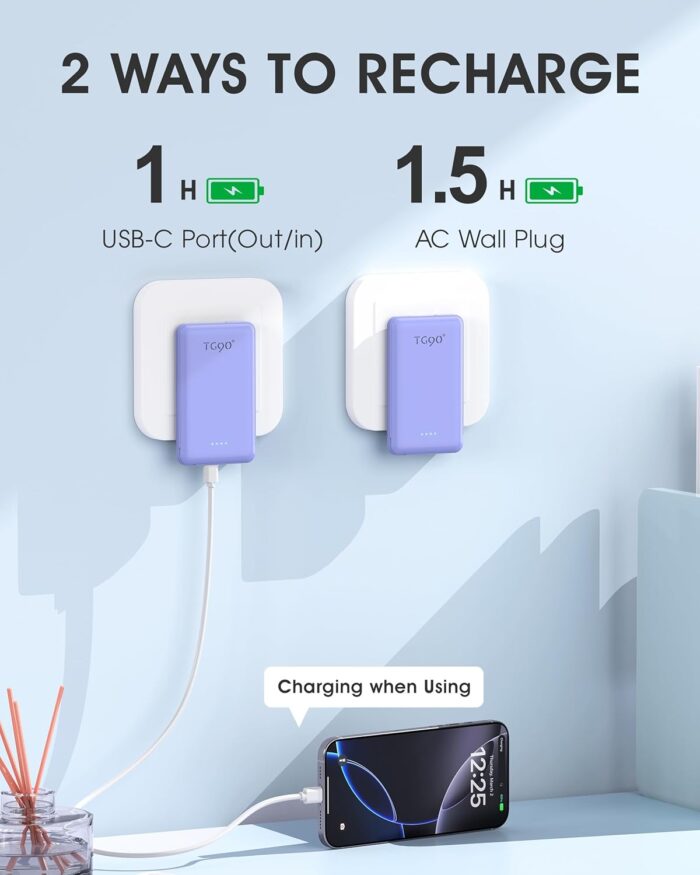 TG90° Portable Phone Charger Ultra Mini Power Bank with Built-in Foldable AC Wall Plug and Cables,5000mAh External Battery Pack Compatible with iPhone and Android Smart Devices - Image 2