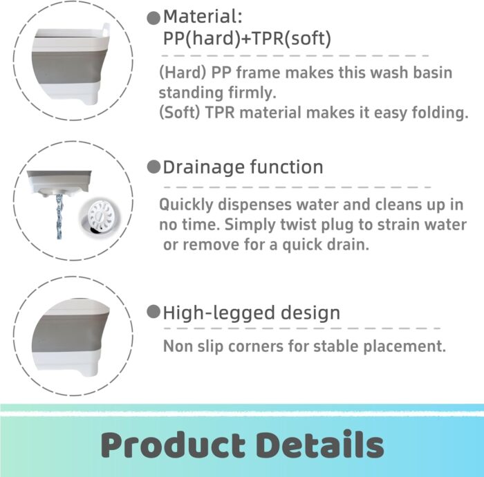 Collapsible Wash Basin for Baby Bottles - 2.4 Gallons Portable Wash Bin for RV Camping Sink, Space-Saving Dish Tub (Gray) - Image 3
