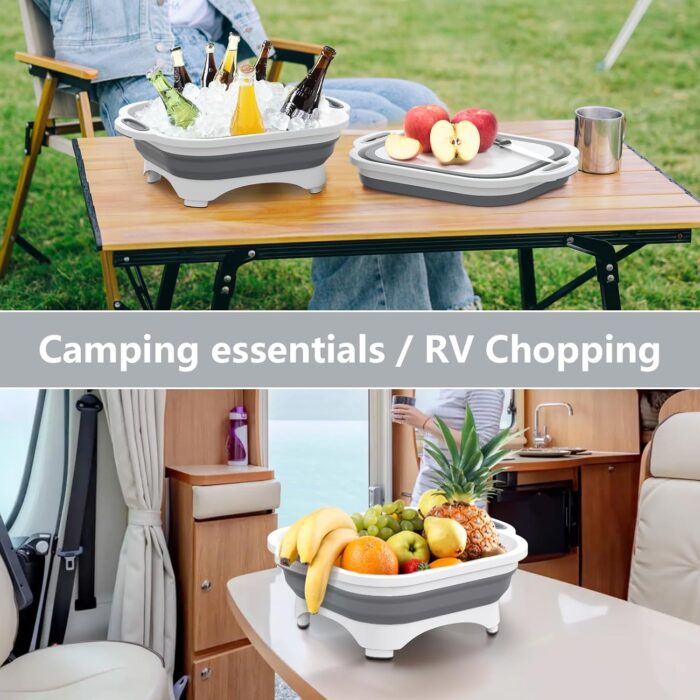 Collapsible Cutting Board,HI NINGER Camping cutting board with knife,Multifunctional Kitchen Vegetable Washing Basket Silicone Dish Tub for Camping Kitchen essentials/bbq prep tub/rv accessories - Image 3
