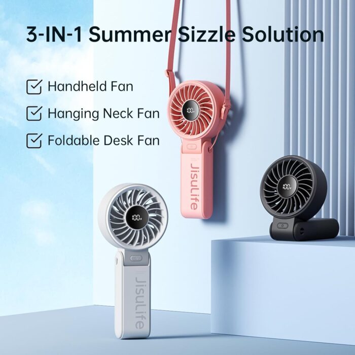 JISULIFE Handheld Fan Life7 – Ultimate Flexibility: High-Power Motor, LED Display, 19.5 Hrs Cooling, 5000mAh Rechargeable, 5-Speed, Foldable Design, 3-IN-1 Portable Fan for Travel Cruise Beach(Black) - Image 7