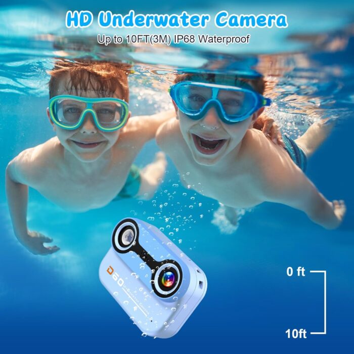 Kids Waterproof Camera, 3M/10FT Underwater Camera for Kids 1080P HD 10X Digital Camera with 2.4" IPS Screen, Children Action Camera for Boys Girls with 32GB Card, Pool Toys for Kids- Blue - Image 2