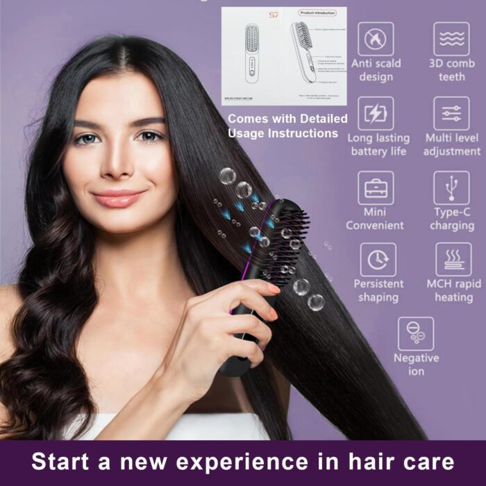 Go Brush Pro 2025 New,Cordless Hair Straightener Brush,Portable Straightener Comb, Straightening Comb Rechargeable Go Travel Hot Combs Mini with Temperature Display for Women(Black) - Image 8