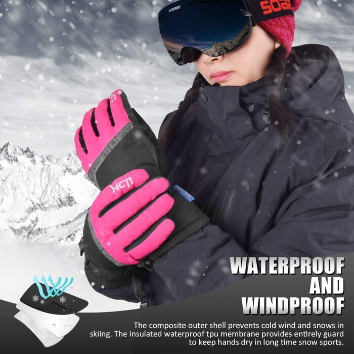 MCTi Ski Gloves,Winter Waterproof Snowboard Snow 3M Thinsulate Warm Touchscreen Cold Weather Women Gloves Wrist Leashes - Image 2