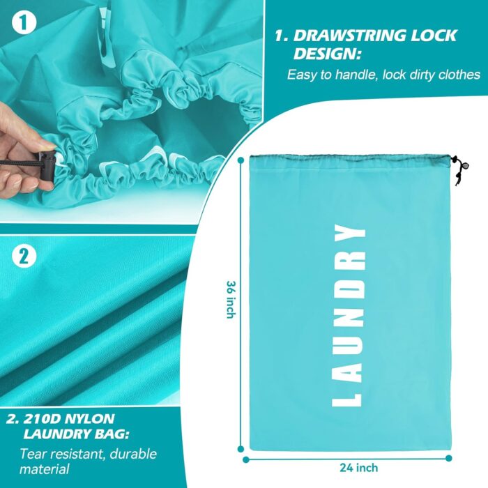 Laundry Bag,2 Pack Travel Laundry Bags for Dirty Clothes,Large Laundry Bags for Camping & Traveling,Dirty Clothes Travel Bag,24" x 36" (Cyan + Gray) - Image 3