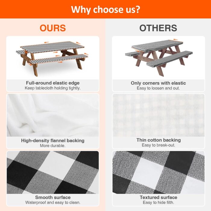 KENOBEE 6ft Picnic Table and Bench Cover, Camping Essentials RV Gear, 72in Waterproof Windproof Outdoor Elastic All Around Tablecloth, Fitted Rectangle Tables and Seats, Black-White Checkered - Image 6