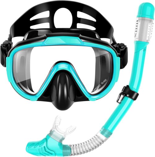 Snorkeling Gear for Adults, Dry Top Snorkel Set with Panoramic Anti-Leak and Anti-Fog Tempered Glass Lens, Adjustable Snorkeling Set for Scuba Diving Swimming Training Snorkel Kit