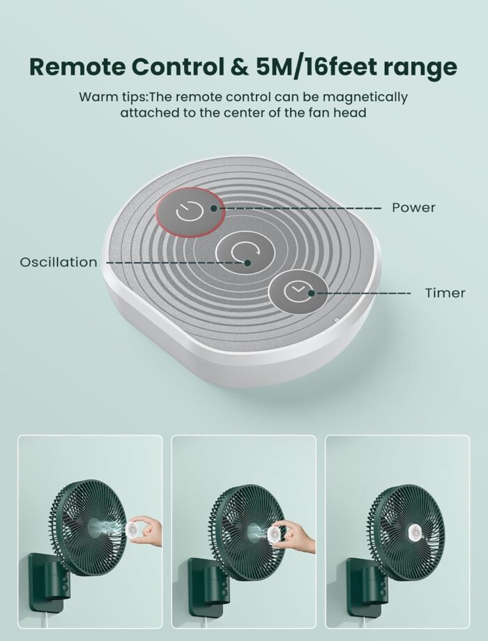 Wall Mounted Oscillating Fan with Remote and Timer,8.5 Inch Small RV Fan with 4 Speeds, 90° Oscillation, 120° Adjustable Tilt, 5.92 feet Wire, Quiet Corner Fans for Bedroom, Indoor Bathroom - Image 7