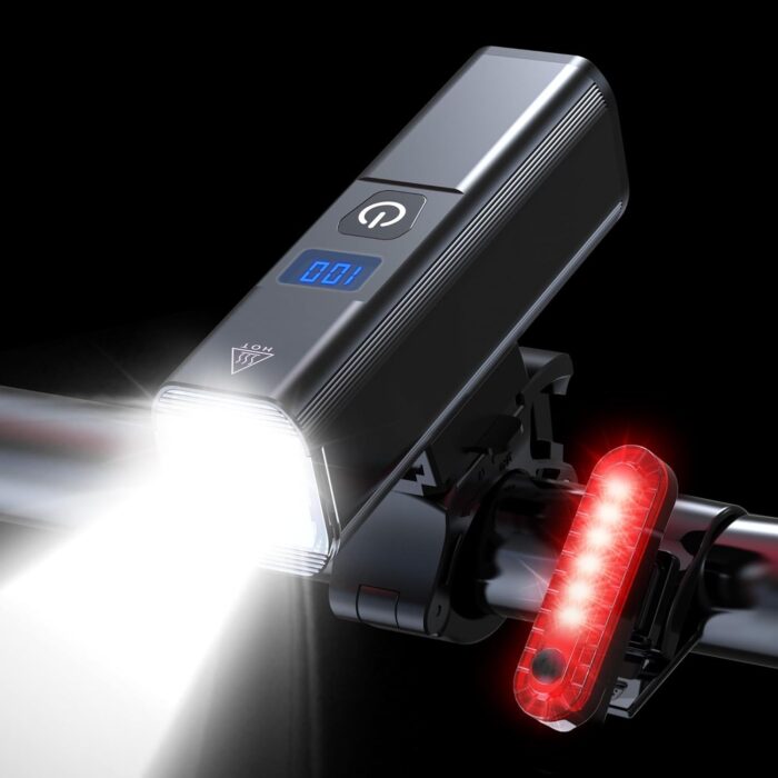 2025 New Bike Lights for Night Riding, Aluminum 1200 Lumens Rechargeable Super Bright Bicycle Headlight and Back Taillight, Waterproof LED Display 6+4 Modes Bicycle Lights Sets