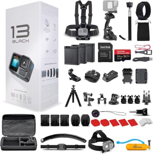 GoPro HERO13 (Hero 13) Black - with 50 Piece Accessory Kit and 2 Extra Batteries + 64GB Card - Waterproof Action Camera - 5.3K HDR, 27MP Photos, 1/1.9" Sensor, Live Streaming, Webcam, Stabilization