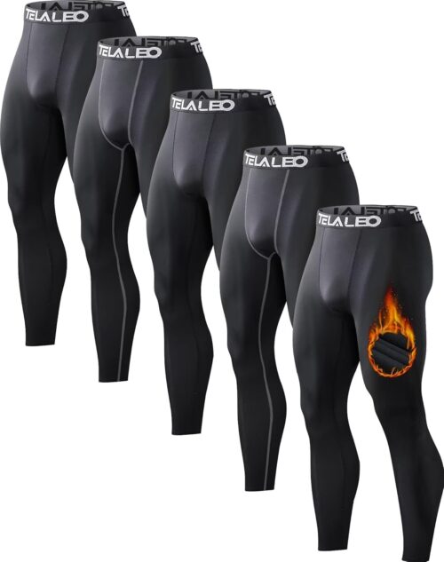 5 or 4 Pack Men's Thermal Compression Pants Fleece Lined Sports Tights Athletic Leggings Cold Weather Baselayer Winter Gear