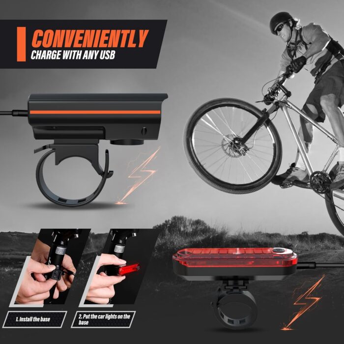 Rechargeable Bike Lights, Ultra Bright Bicycle Lights for Night Riding, Road Mountain Bike Accessories for Kids Adults - Bike Headlight with Tail Light - Image 4