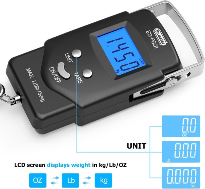Dr.meter Fish Scale Luggage Scale - PS01 110lb/50kg Backlit LCD Display Digital Scale with Built-in Measuring Tape - Fishing Scale with 2 AAA Batteries, Pocket Size - Fishing Gifts for Men - Image 4