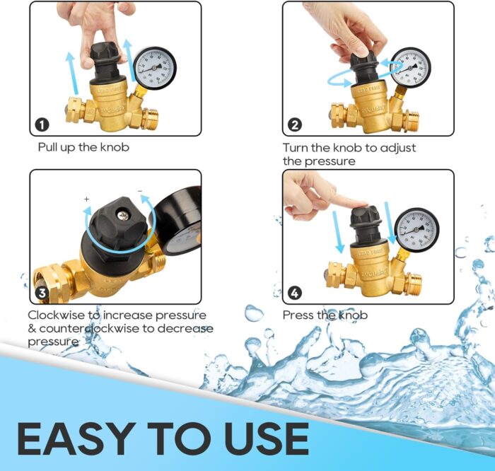 RVGUARD RV Water Pressure Regulator Valve With An Adjustable Knob, NO Tool Required, Brass Lead-Free Water Pressure Reducer with Gauge and Inlet Screen Filter for RV Camper Travel Trailer - Image 2