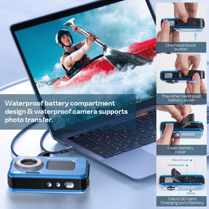 Underwater Camera, Selfie Dual Screens 4K 48MP 11FT Autofocus Waterproof Digital Camera for Snorkeling,16X Zoom, 64GB Card, 2 Batteries, Fill Light (Blue) - Image 8